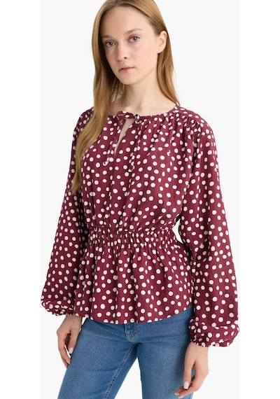 Defacto Regular Fit Bisiklet Yaka Puantiyeli Uzun Kollu Bluz E9920ax25aubr375 Bordo