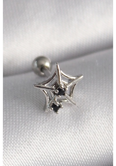 316l Çelik Gümüş Renk Siyah Zirkon Taş Detay Örümcek Ağ Model Tragus Piercing Çok Renkli