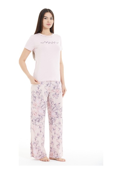 Lılac Kadın Çiçek Desenli %100 Viscon Pijama Takımı Pudra Pembe Pudra Pembe