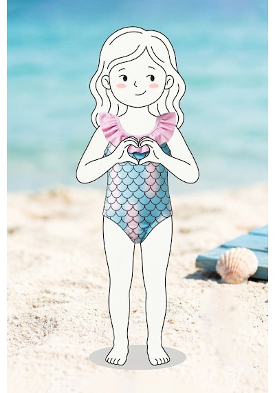 Zuzunga Kız Çocuk Mermaid Desenli Fırfırlı Mayo Mavi-pembe