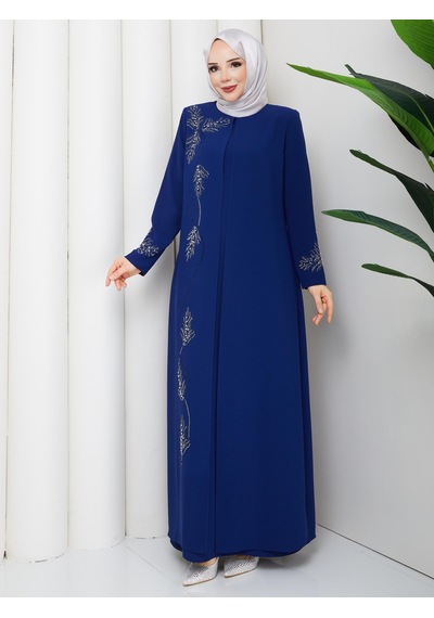 Eslemnur Büyük Beden Yaprak Taşlı Anne Elbisesi En7008 Saks Mavi