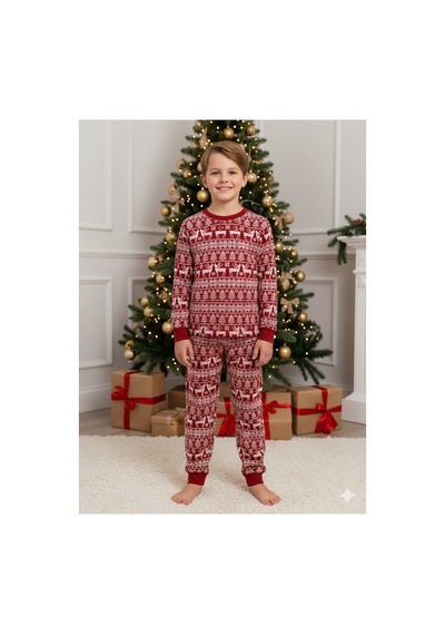 Hvç Hvc Çocuk Noel Yılbaşı Pijama Takımı Unisex Kırmızı / Yılbaşı Desenli