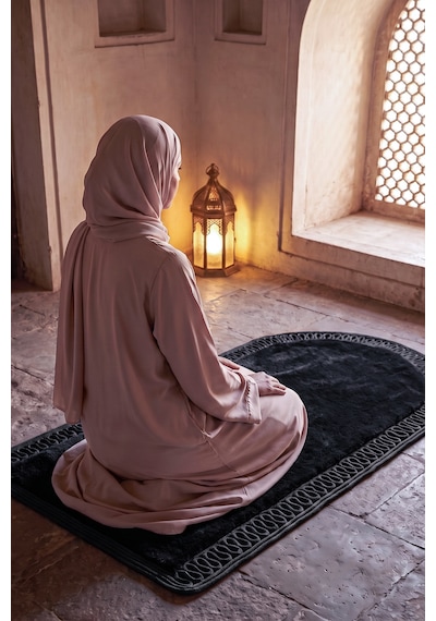 Merplush Mihraplı Peluş Seccade 75x130 Cm Süet Taban Yıkanabilir Yumuşak Namaz Halısı Siyah - Siyah