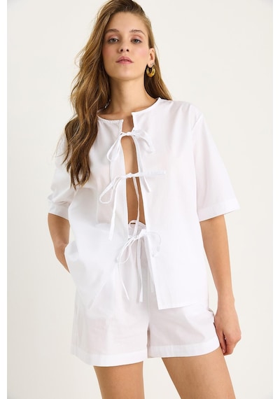 Shade Kadın Masai Bağlamalı Gömlek Beli Lastikli Cep Detaylı Şort Poplin Takım 9371 60281097 - Beyaz
