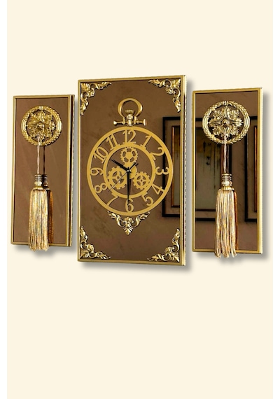 3lü Gold Dikdörgen Aynalı Çerçeveli Püsküllü Duvar Saati Takımı, Wall Clock, Hediye, Ms38-1