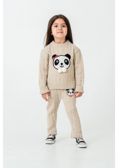 Babyhola 1-5 Yaş Kız Çocuk Panda Desenli Saç Örgü Kışlık Triko Takım 23217 Bej