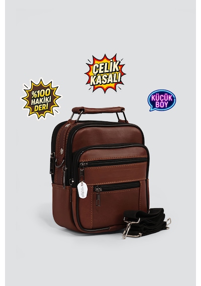 Westbag Erkek Çelik Kasalı Hakiki Deri El Ve Omuz Çantası Ayarlanabilir Askılı Küçük Boy Koyu Taba