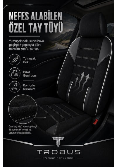 Nova Serisi Tay Tüyü Bel Destekli Siyah Beyaz Premium Üniversal Koltuk Kılıfı Tam Set