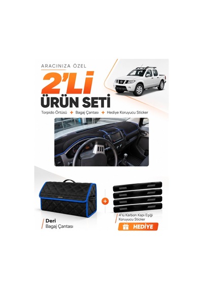 E-biz Nissan Navara 2005-2015 Uyumlu Torpido Örtüsü + Deri Bagaj Çantası Seti - Siyah-mavi - Nı009