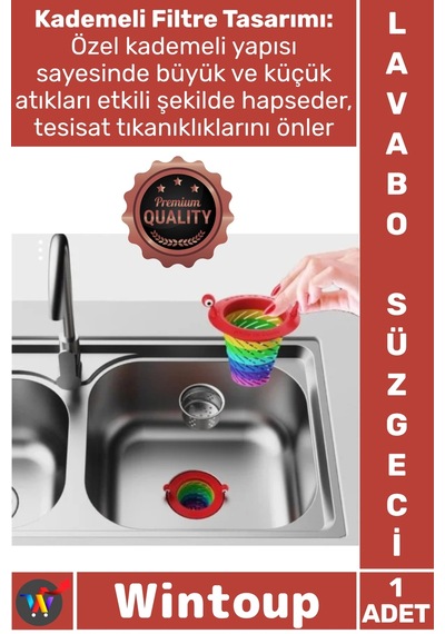 Süzgeç Mutfak Banyo Gider Koruyucu Tıkanıklık Önleyici Pratik Şık Renkli 6 Kademeli Lavabo Süzgeci Çok Renkli