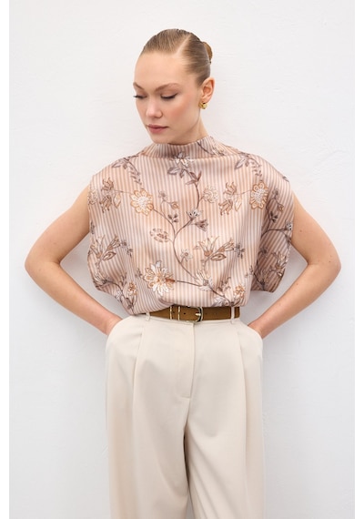 Sateen Kısa Kollu Desenli Bluz - Kahve-137042 kahve
