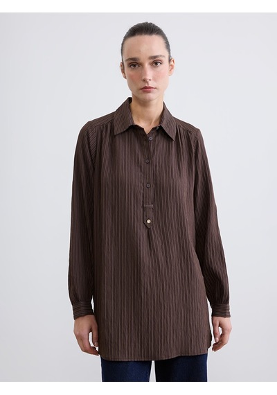 Lcw Everyday Kahverengi Gömlek Yaka Çizgili Oversize Armürlü Kadın Tunik