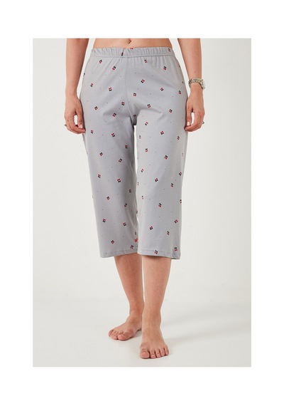 Lela Desenli Pamuklu Bisiklet Yaka Kaprili Pijama Takımı Bayan Pijama Takımı 65790787 Gri