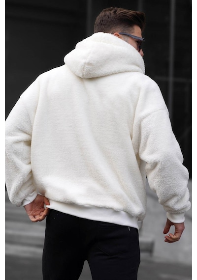 Madmext Ekru Peluş Over Fit Kapüşonlu Fermuarlı Erkek Sweatshirt 6049 Ekru