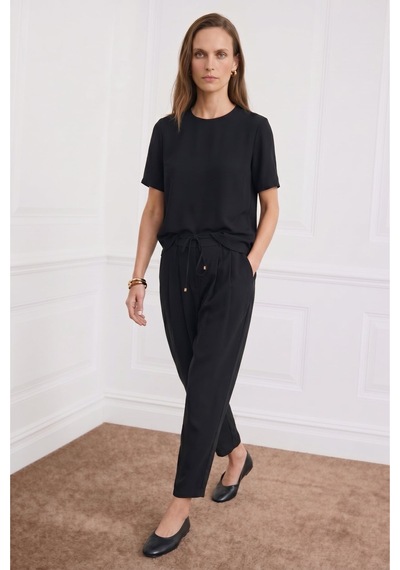 Sateen Kısa Kollu Bluz - Siyah-137405