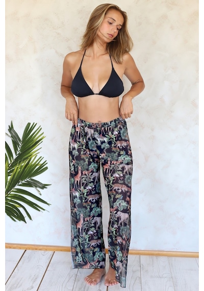 Plaj Pantalon Pareo Yazlık Kapalı Yırtmaçlı Lastikli Şifon Tül Kumaş S-M Yüksek Bel Woods Siyah