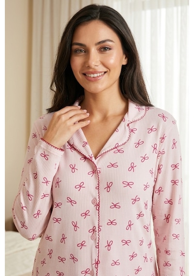 Aura Collections Kadın Pembe Çiçek Desenli Bambu Viskon Uzun Kollu Soft Örme Pijama Takımı