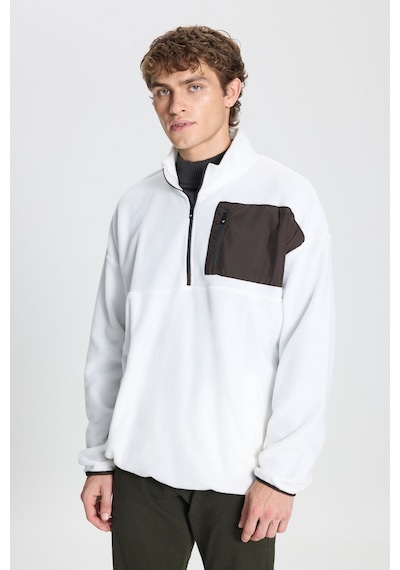 AC&Co / Altınyıldız Classics Erkek Beyaz Oversize Bol Kesim Bato Yaka Cep Detaylı Fermuarlı Soğuk Geçirmez Polar Sweatshirt Beyaz