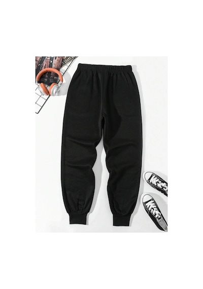 Tarzsokak Letter Graphic Drawstring Waist Pants Siyah