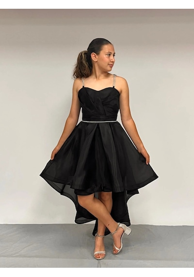 Butikhappykids Kız Çocuk Abiye Siyah Taş Kordon Askılı Kalp Yaka Kuyruklu Şifon Abiye Elbise 10-15 Yaş Siyah