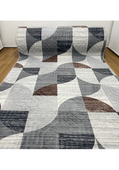 Kaymaz Taban Gri Kahve Modern Geometrik Yıkanabilir Salon Mutfak Koridor Yolluk Halı Gri-kahve