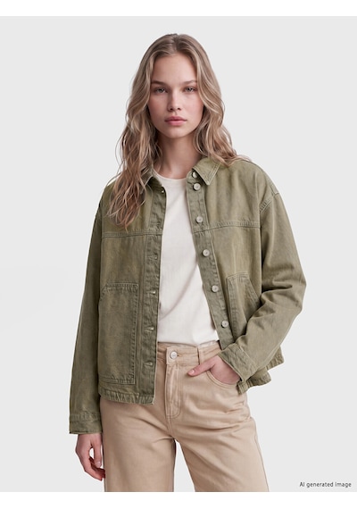 Lcw Vision Yeşil Gömlek Yaka Oversize Kadın Jean Ceket