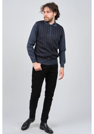 Ateş Triko Erkek Polo Yaka Desenli Yün Kazak 6092101 Indigo Indigo İndigo