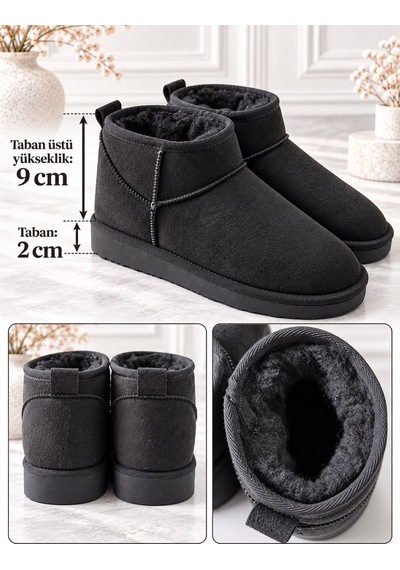 Dabab Shoes Holly Kadın Siyah Lüks Süet İçi Kürklü Sıcak Astarlı 2 Cm Düz Tabanlı Kısa Bot Kar Botu