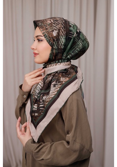 Mimiyum İz Desen Soft Eşarp Yeşil Bej Çok Renkli