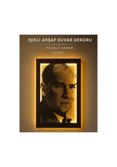 Ahşap Işıklı Duvar Dekoru Atatürk Figürlü Tablo 50x32 Cm