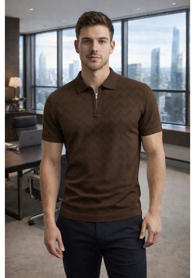 Erkek Slim Fit Fermuarlı Polo Yaka Triko Tişört Kahverengi