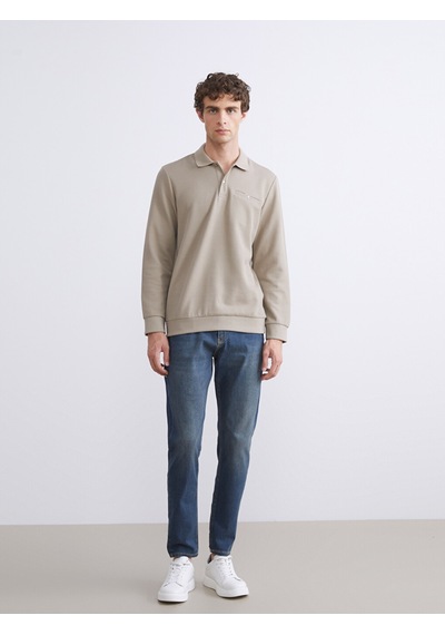 Lcwaıkıkı Classic Bej Polo Yaka Uzun Kollu Erkek Sweatshirt