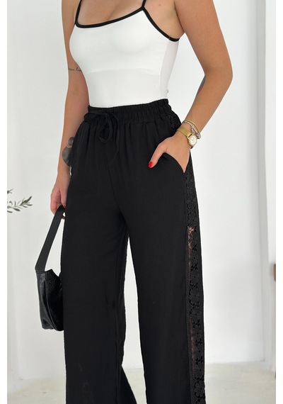 Noa & Noa Kadın Yanları Dantel Astarlı Şortlu Pantolon Hafif & Feminen Stil Siyah
