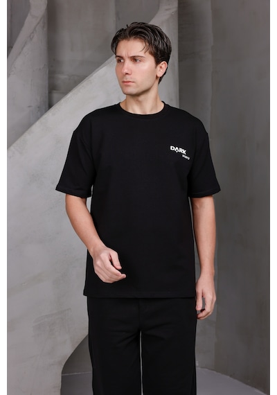 Erkek Baskılı Oversize Bisiklet Yaka 2 İki İplik Kompakt T-shirt Siyah
