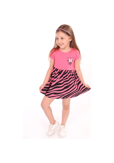 Toontoy Kız Çocuk Little Yazılı Etek Kısmı Zebra Desen Baskılı Elbise Fuşya