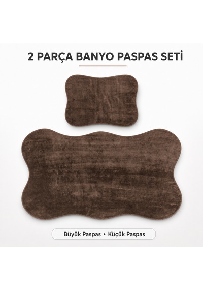 2 Li Banyo Paspası Halısı Seti Kaymaz Tabanlı Yıkanabilir Klozet Takımı Kahve