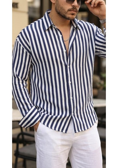 Veraura Lifestyle Erkek Dikey Çizgili Yarım Oversize Gömlek Lacivert