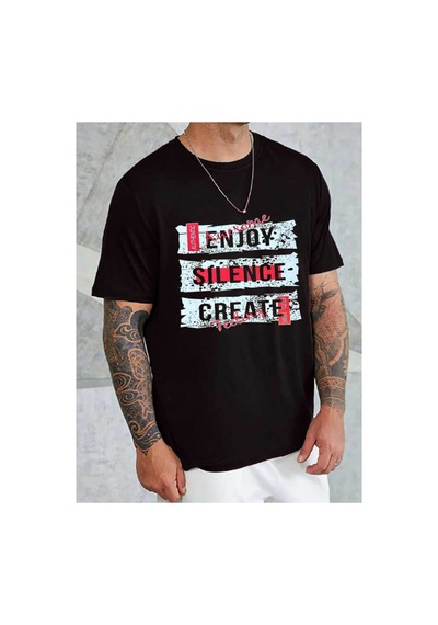 Medinenur Enjoy Baskılı Unisex Bisiklet Yaka Tshirt Siyah