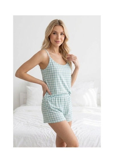 Fit Women Yeşil Beyaz Kareli İp Askılı Şortlu Pijama Takımı 4621-su Yeşili