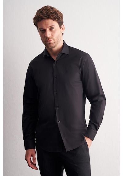 İmza Siyah Yarım İtalyan Yaka Uzun Kol Slim Fit Pamuklu Gömlek 1004255189 Siyah