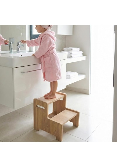 Ahşap Çift Basamaklı Yükseltici Tabure, Çok Amaçlı Ev Ve Banyo Basamağı, Dayanıklı Ahşap Tasarı Kahverengi