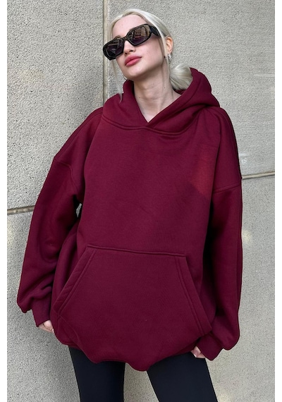 Madmext Bordo Kapüşonlu Şardonlu Oversize Sweatshirt Mg1566 Bordo