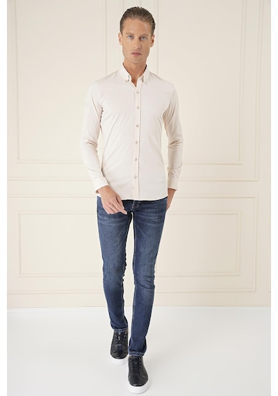 Efor Slim Fit Düğmeli Yaka Esnek Pamuk Klasik Bej Gömlek Gk 727 Bej