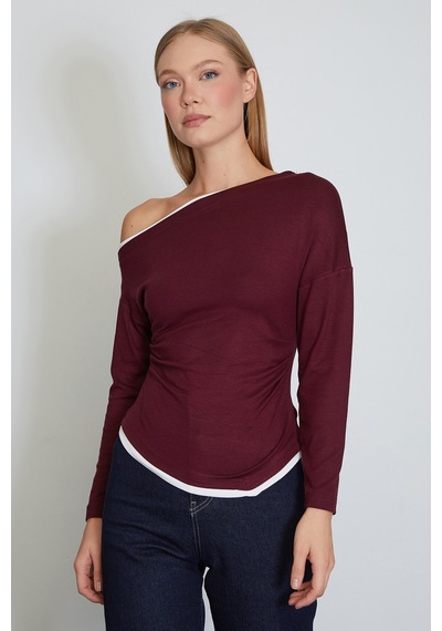 Fullamoda Garnili Kayık Yaka Drapeli Asimetrik Kesim Modal Bluz Bordo