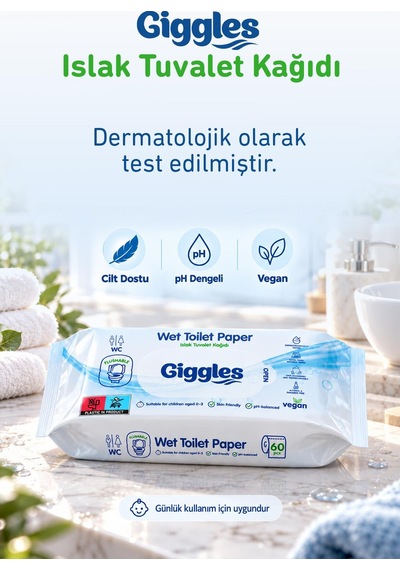 Giggles Islak Tuvalet Kağıdı Suda Çözünen Tuvalete Klozete Atılabilir Mendil 3 Paket 180 Adet