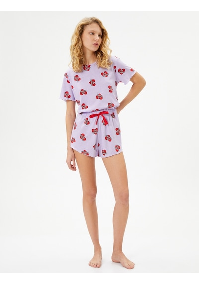 Koton Pijama Takımı Kısa Kollu Şortlu Pamuklu Baskılı Lila 4slk40005mk 4SLK40005MK360 Lila