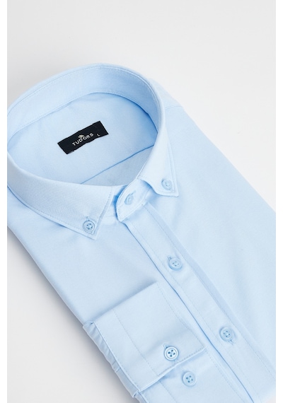 Tudors Erkek Slim Fit Dar Kesim Pamuklu Kolay Ütü Mavi Düğmeli Yaka Gömlek-31590 Mavi