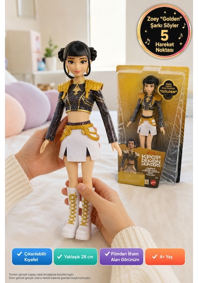 Kpop Demon Hunters Huntr/x Mattel Zoey Golden Şarkı Söyleyen Hareketli Bebek 28 Cm