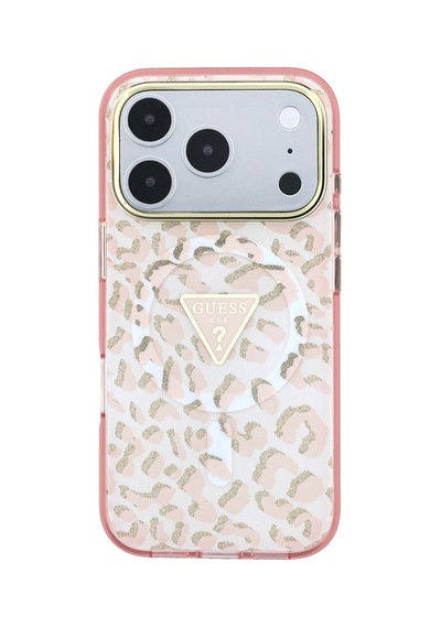 Apple iPhone Uyumlu 18 Pro Max Kılıf Guess Lisanslı M-safeli Üçgen Logolu Simli Leopar Desenli Kapak Pembe