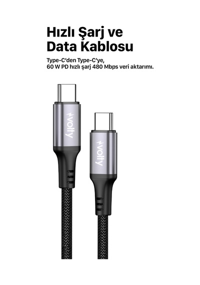 Type C Hızlı Şarj Kablosu Type-c To Type-c, 60w, 480mbps, 1.2m, Pd, Data, Dayanıklı Örgü V0201009